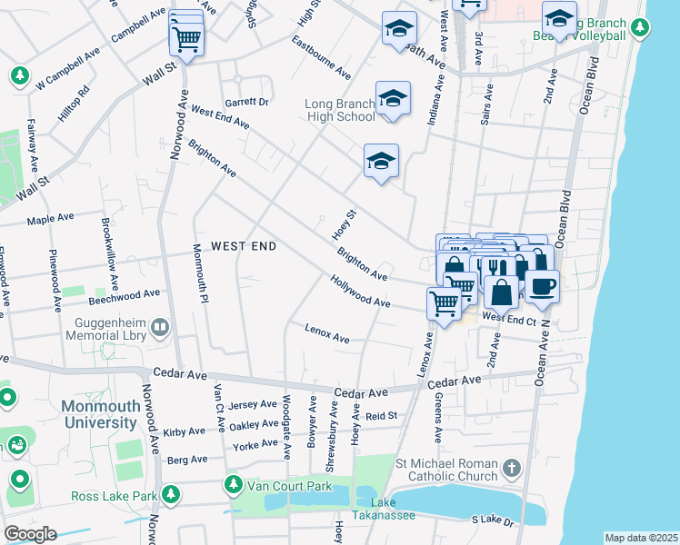 map of restaurants, bars, coffee shops, grocery stores, and more near 281 Hollywood Avenue in Long Branch