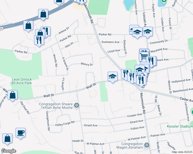 map of restaurants, bars, coffee shops, grocery stores, and more near 20 Meadow Lane in West Long Branch