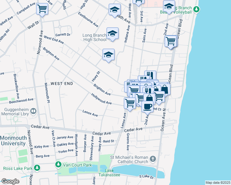 map of restaurants, bars, coffee shops, grocery stores, and more near 195 Brighton Avenue in Long Branch