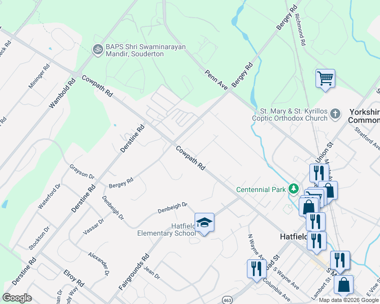map of restaurants, bars, coffee shops, grocery stores, and more near 2020 Oak Road in Hatfield