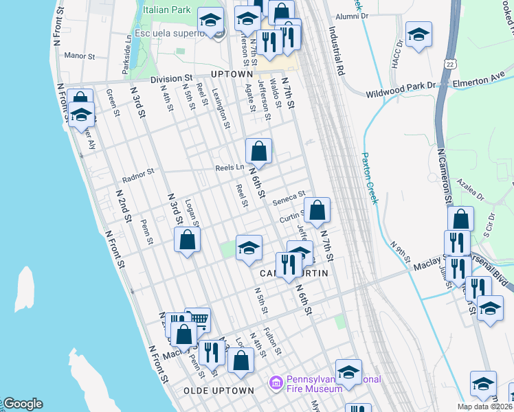 map of restaurants, bars, coffee shops, grocery stores, and more near 2404 North 6th Street in Harrisburg