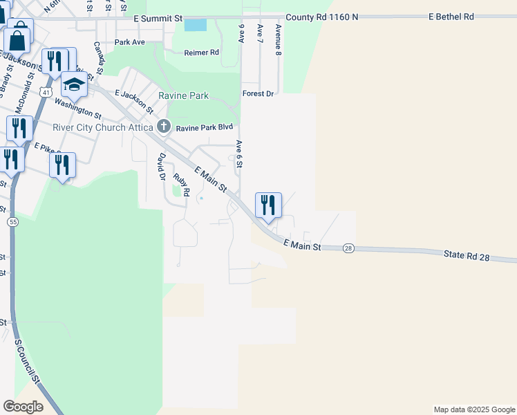 map of restaurants, bars, coffee shops, grocery stores, and more near 1212 East Main Street in Attica