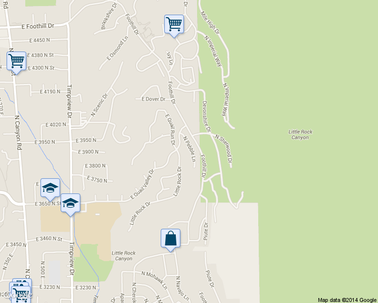 map of restaurants, bars, coffee shops, grocery stores, and more near 3757 North Pebble Lane in Provo