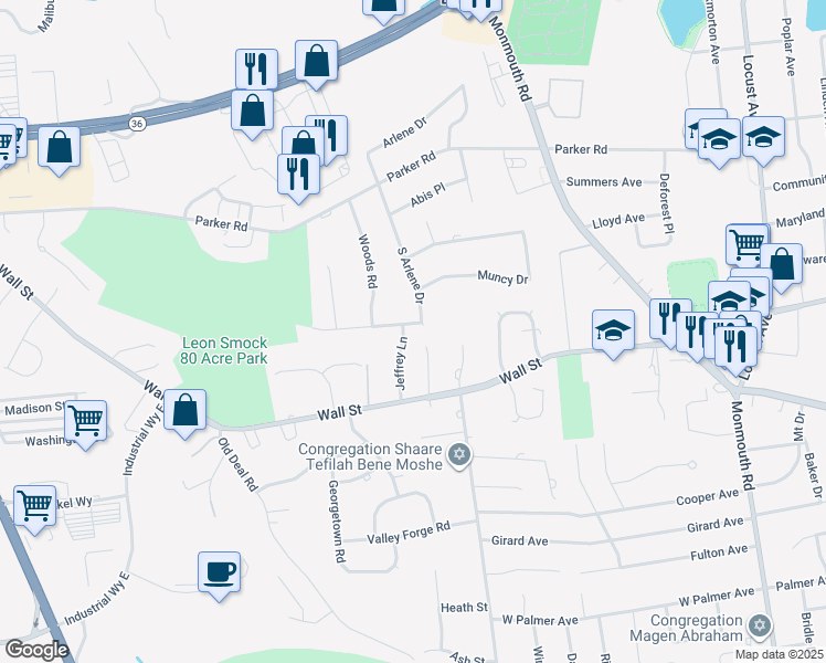 map of restaurants, bars, coffee shops, grocery stores, and more near 22 South Arlene Drive in West Long Branch
