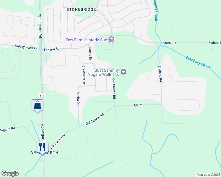 map of restaurants, bars, coffee shops, grocery stores, and more near 2 Preservation Drive in Monroe Township