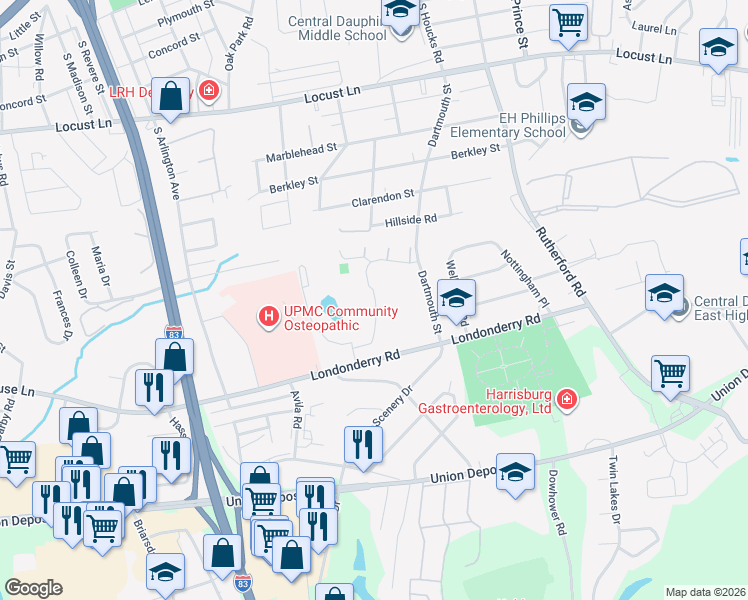map of restaurants, bars, coffee shops, grocery stores, and more near 821 Sequoia Drive in Harrisburg