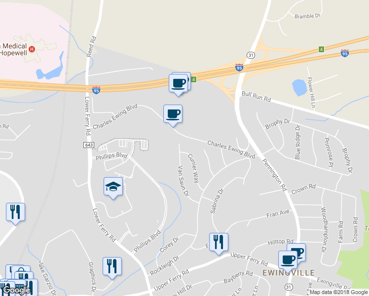 map of restaurants, bars, coffee shops, grocery stores, and more near 18 Currier Way in Ewing Township