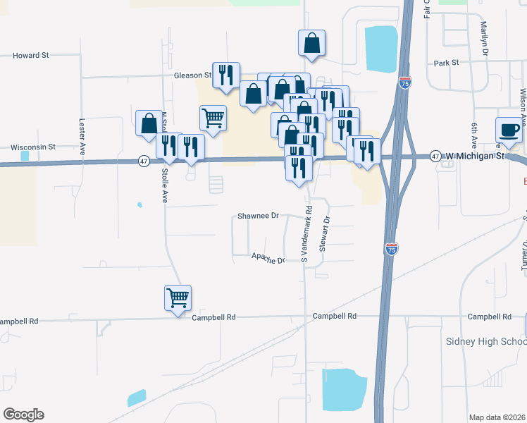 map of restaurants, bars, coffee shops, grocery stores, and more near 1854 Shawnee Drive in Sidney