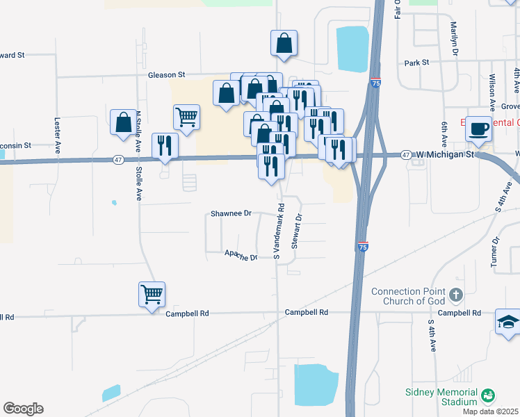 map of restaurants, bars, coffee shops, grocery stores, and more near 1786 Shawnee Drive in Sidney