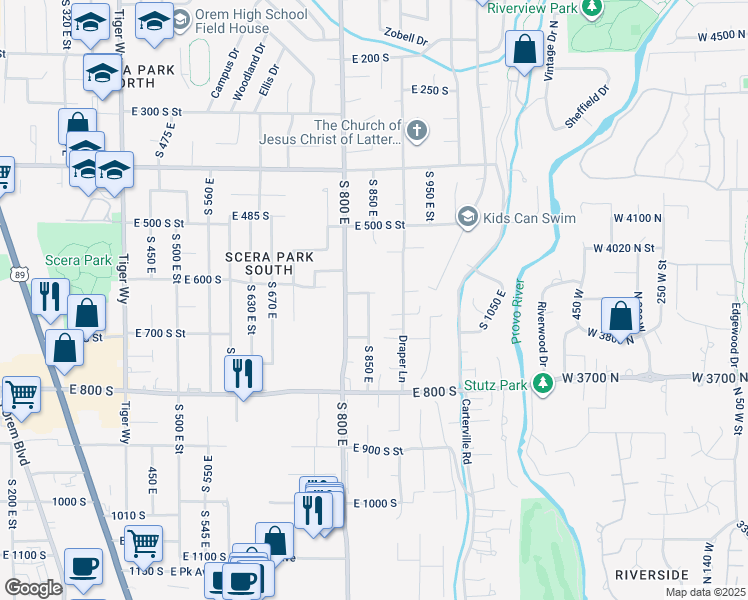 map of restaurants, bars, coffee shops, grocery stores, and more near 635 South 850 East in Orem