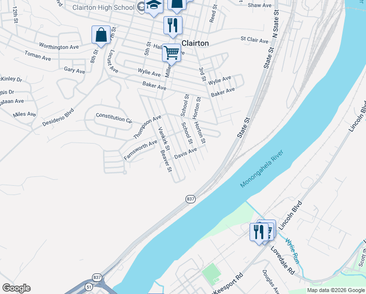 map of restaurants, bars, coffee shops, grocery stores, and more near 869 School Street in Clairton