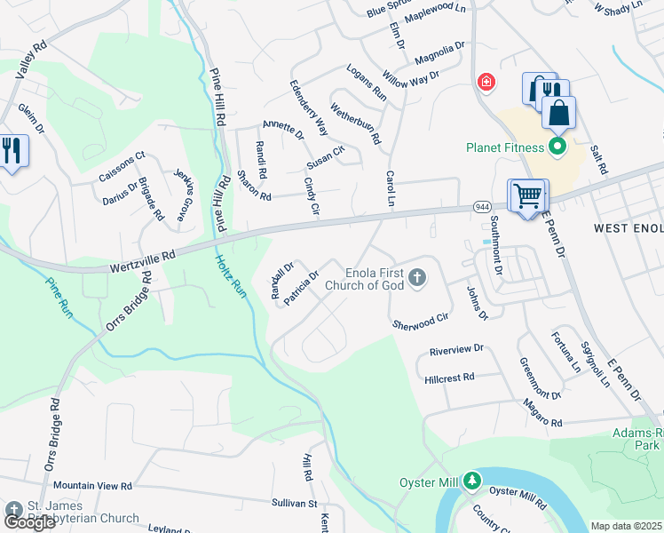 map of restaurants, bars, coffee shops, grocery stores, and more near 3 Patricia Drive in Enola