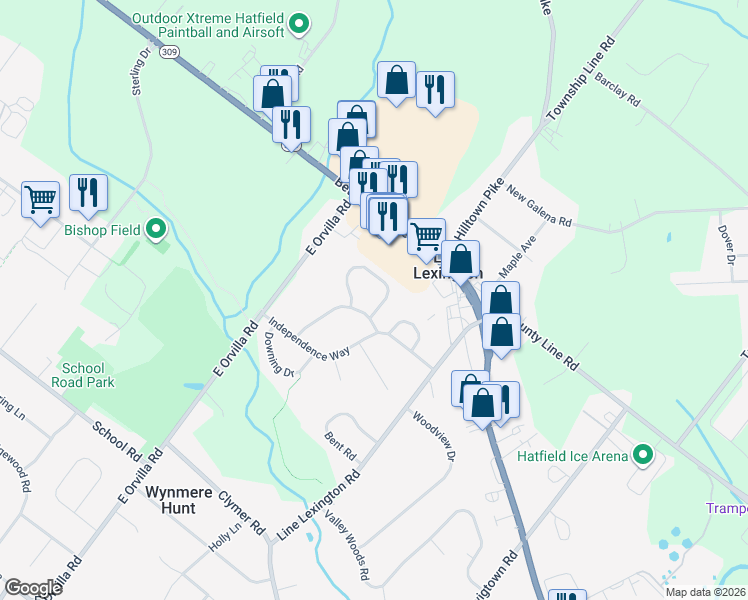 map of restaurants, bars, coffee shops, grocery stores, and more near 1222 Needham Cir in Hatfield