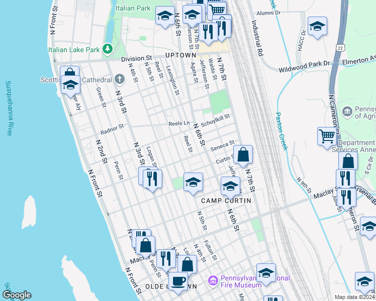 map of restaurants, bars, coffee shops, grocery stores, and more near 2416 Reel Street in Harrisburg