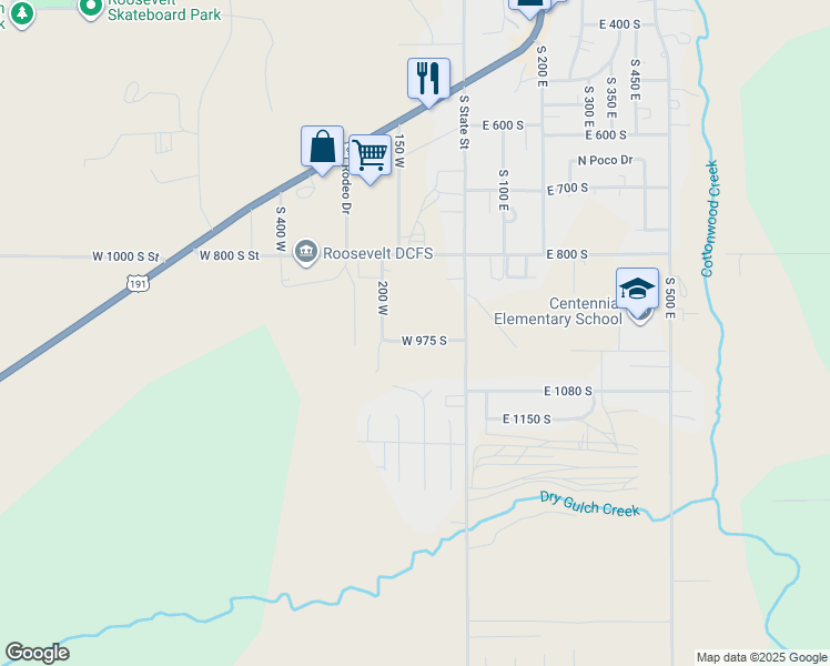 map of restaurants, bars, coffee shops, grocery stores, and more near 120 West 975 South in Roosevelt