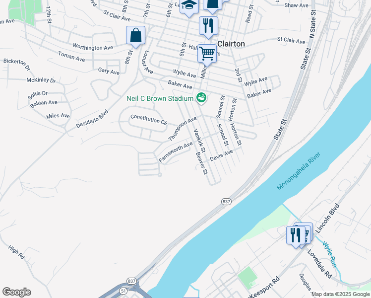 map of restaurants, bars, coffee shops, grocery stores, and more near 500 Farnsworth Avenue in Clairton