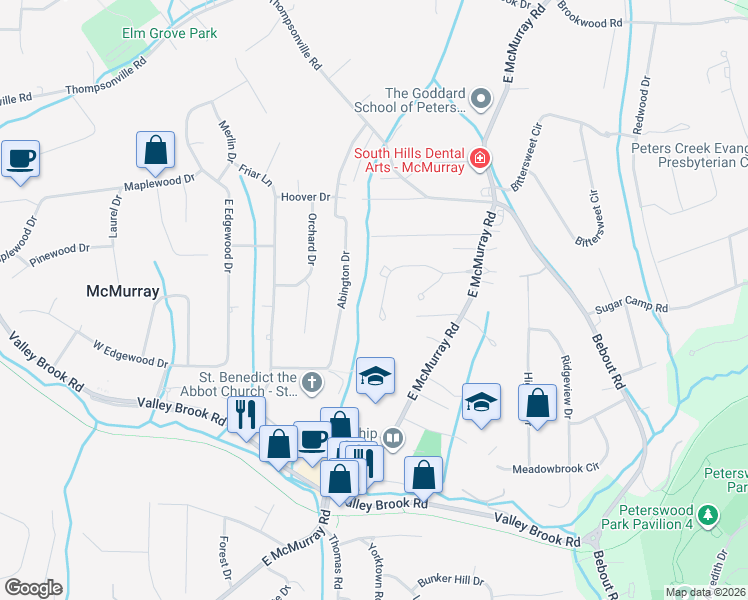map of restaurants, bars, coffee shops, grocery stores, and more near 122 Cidar Lane in McMurray
