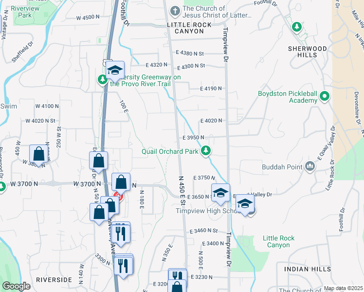 map of restaurants, bars, coffee shops, grocery stores, and more near 407 East 3900 North in Provo
