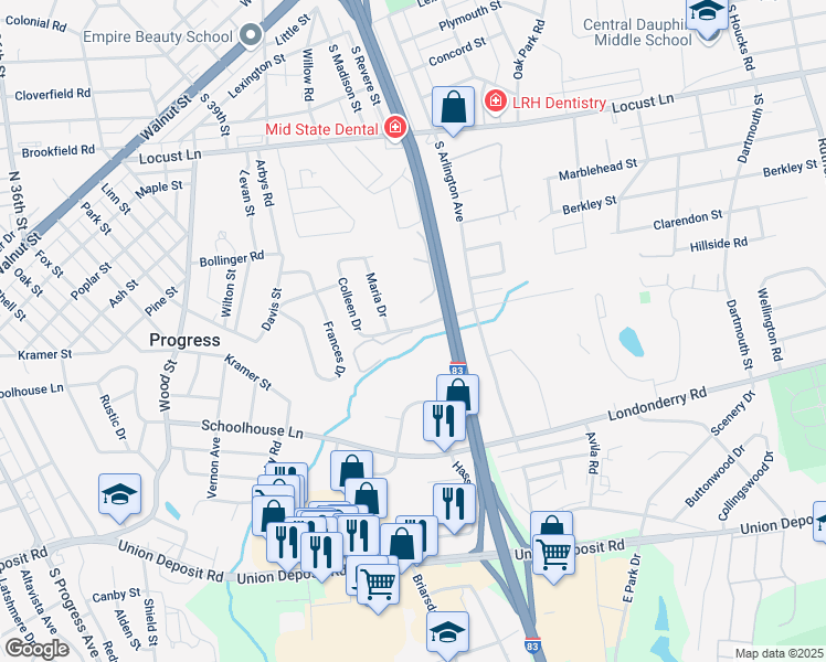 map of restaurants, bars, coffee shops, grocery stores, and more near 4083 Spring Valley Road in Harrisburg