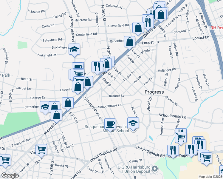 map of restaurants, bars, coffee shops, grocery stores, and more near 109 Shell Street in Harrisburg