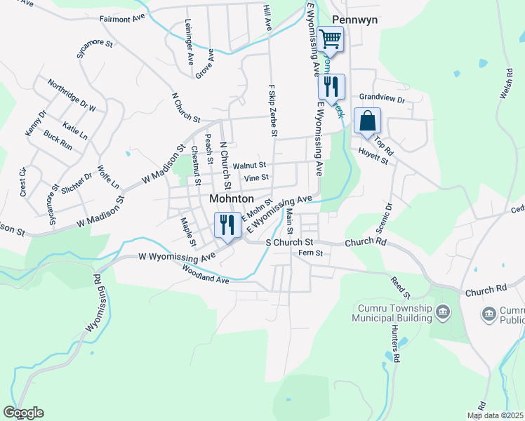 map of restaurants, bars, coffee shops, grocery stores, and more near 46 East Mohn Street in Mohnton