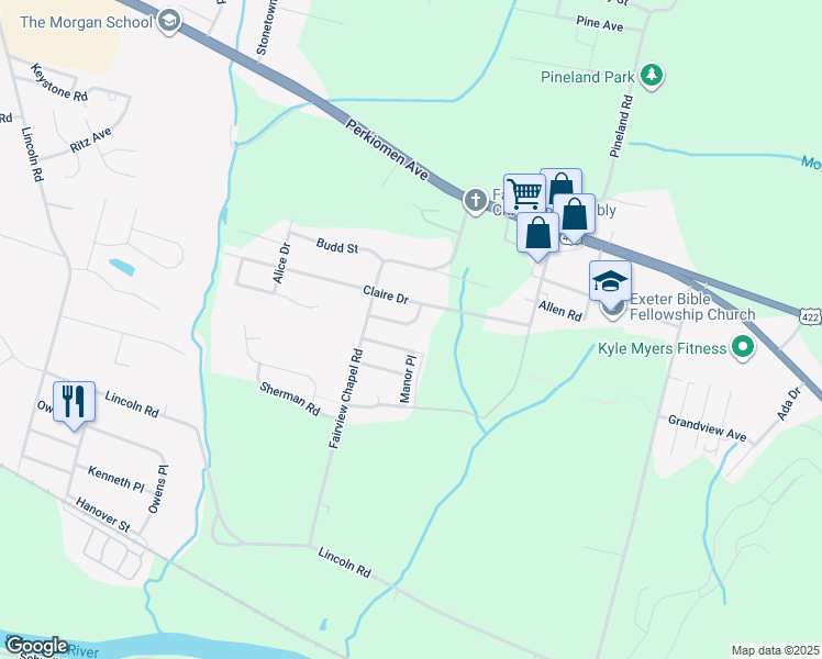 map of restaurants, bars, coffee shops, grocery stores, and more near 1248 Dauphin Place in Birdsboro