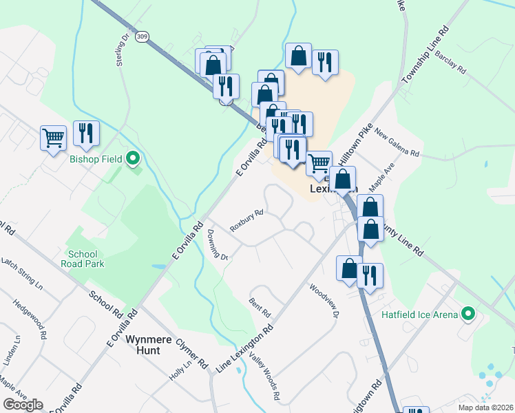 map of restaurants, bars, coffee shops, grocery stores, and more near 3306 Roxbury Rd in Hatfield