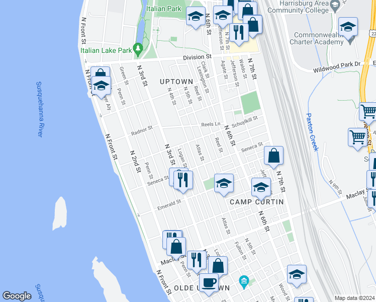 map of restaurants, bars, coffee shops, grocery stores, and more near 2436 North 4th Street in Harrisburg