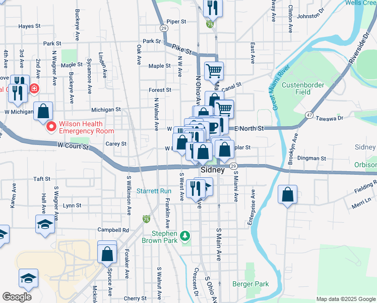 map of restaurants, bars, coffee shops, grocery stores, and more near 123 West Poplar Street in Sidney