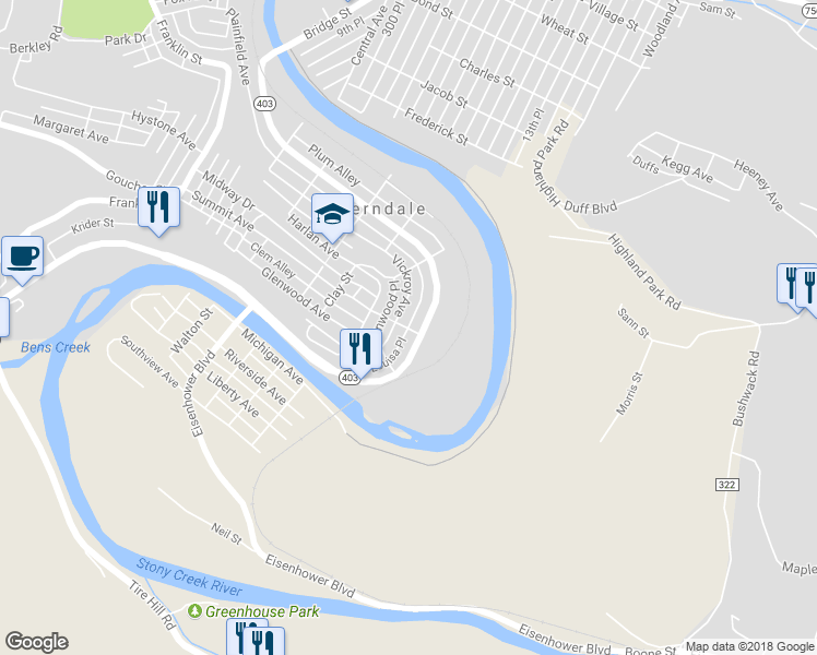 map of restaurants, bars, coffee shops, grocery stores, and more near 899 Louisa Place in Johnstown