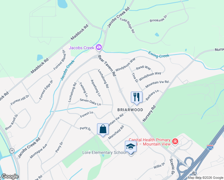 map of restaurants, bars, coffee shops, grocery stores, and more near 36 Lochatong Road in Ewing Township