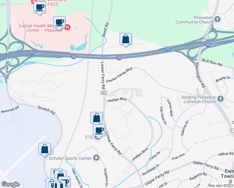 map of restaurants, bars, coffee shops, grocery stores, and more near 322 Timberlake Drive in Ewing Township