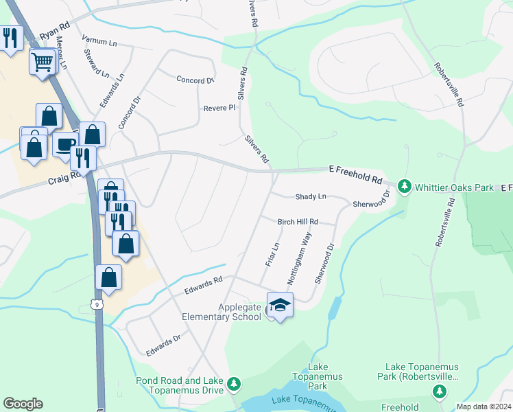 map of restaurants, bars, coffee shops, grocery stores, and more near 908 Waterworks Road in Freehold