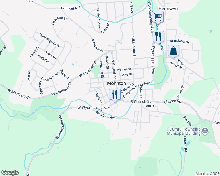 map of restaurants, bars, coffee shops, grocery stores, and more near 7 School Lane in Mohnton