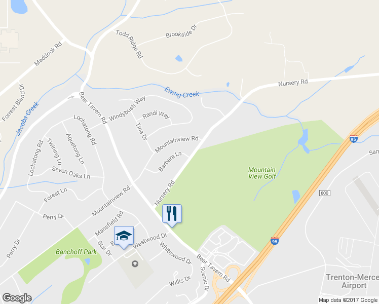 map of restaurants, bars, coffee shops, grocery stores, and more near 23 Nursery Road in Ewing Township