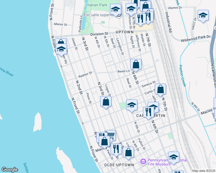 map of restaurants, bars, coffee shops, grocery stores, and more near 2441 Logan Street in Harrisburg
