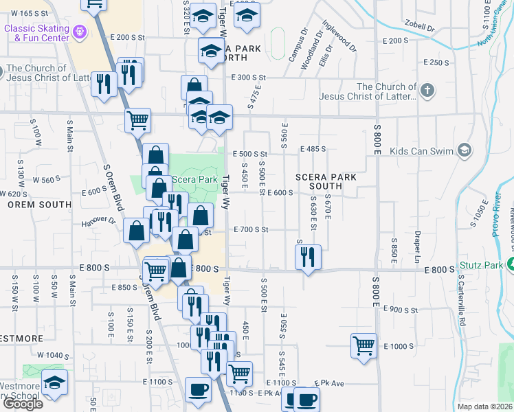 map of restaurants, bars, coffee shops, grocery stores, and more near 642 South 500 East in Orem