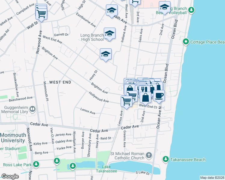 map of restaurants, bars, coffee shops, grocery stores, and more near 195 Brighton Avenue in Long Branch