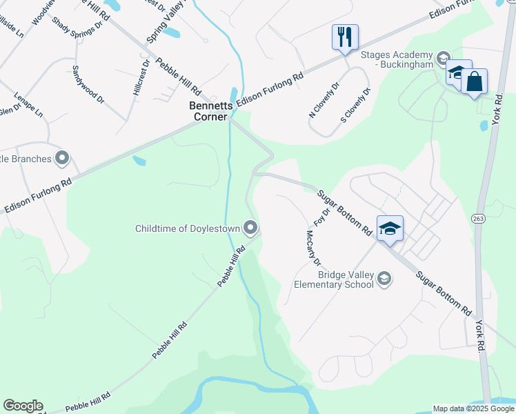 map of restaurants, bars, coffee shops, grocery stores, and more near 1057 Pebble Hill Road in Doylestown