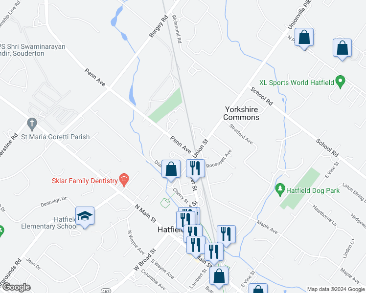 map of restaurants, bars, coffee shops, grocery stores, and more near 144a Penn Avenue in Hatfield
