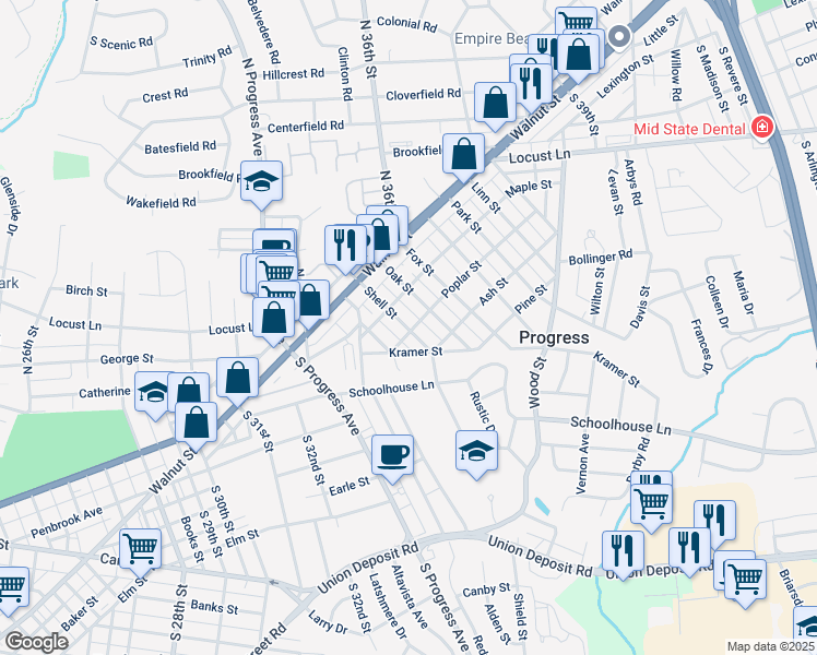 map of restaurants, bars, coffee shops, grocery stores, and more near 109 Shell Street in Harrisburg
