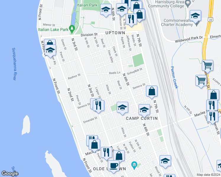 map of restaurants, bars, coffee shops, grocery stores, and more near 2424 Atlas Street in Harrisburg