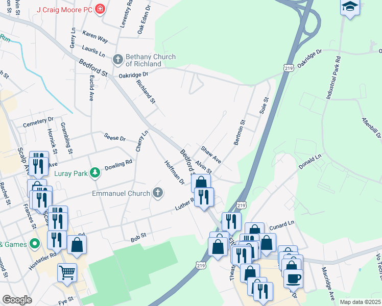 map of restaurants, bars, coffee shops, grocery stores, and more near 101-199 Rean Street in Johnstown