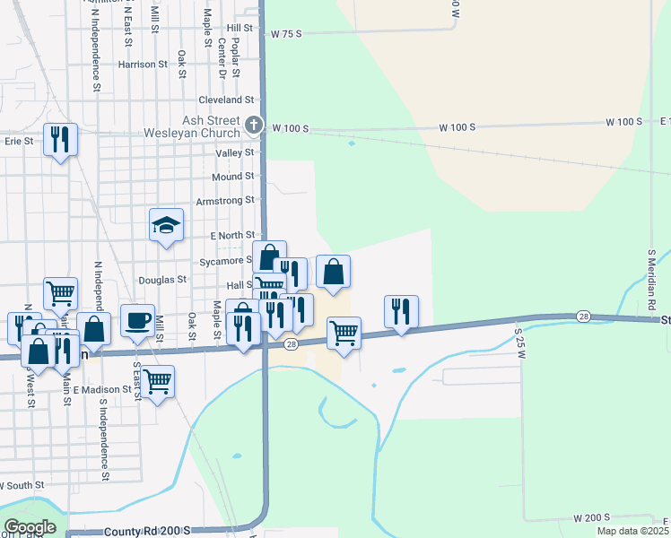 map of restaurants, bars, coffee shops, grocery stores, and more near 223 Canterbury Court in Tipton