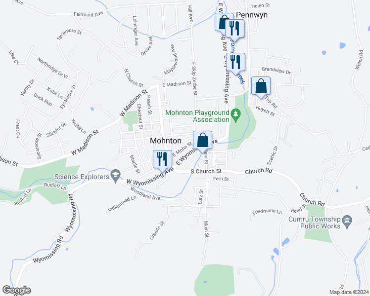 map of restaurants, bars, coffee shops, grocery stores, and more near 44 East Mohn Street in Mohnton