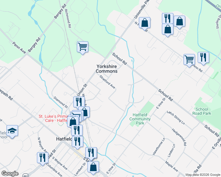 map of restaurants, bars, coffee shops, grocery stores, and more near 2272 Stratford Ave in Hatfield