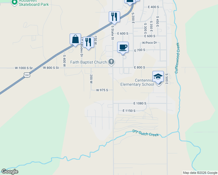 map of restaurants, bars, coffee shops, grocery stores, and more near 40 West 975 South in Roosevelt