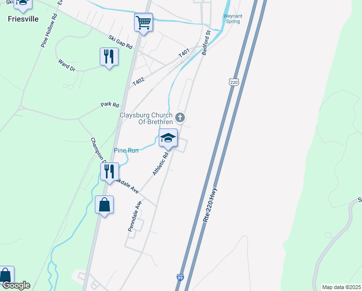 map of restaurants, bars, coffee shops, grocery stores, and more near 505 Bedford Street in Claysburg