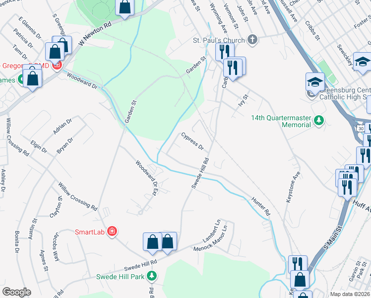 map of restaurants, bars, coffee shops, grocery stores, and more near 2414 Birch Circle in Greensburg