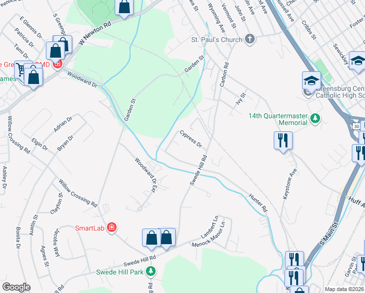 map of restaurants, bars, coffee shops, grocery stores, and more near 2414 Birch Circle in Greensburg